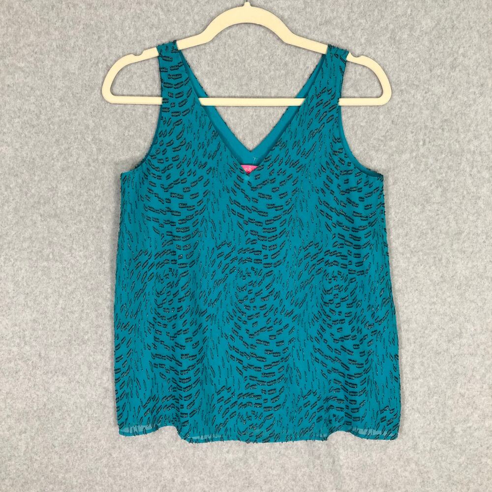 Lilly Pulitzer Top XXS Blue Silk Tank Blouse Loose Florin Teal Bay Swirl‎ Clip